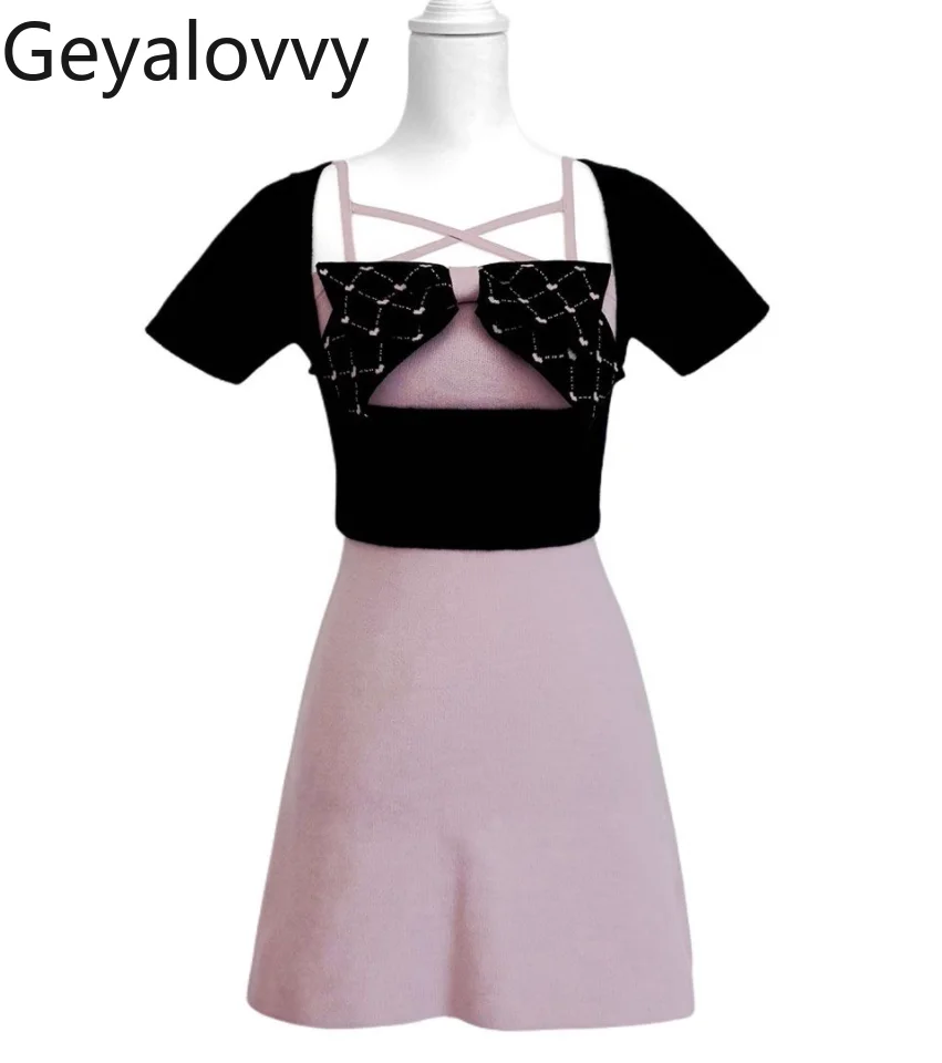 

Summer Autumn Women's Short Dresses Japanese Style Bowknot Cross Lace Patchwork Elegant Short Sleeve Dress for Lady 2025 New