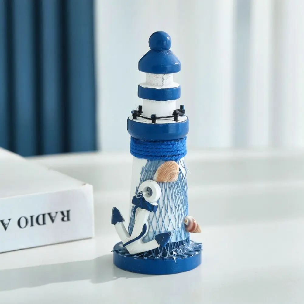 Nautical Style Wooden Lighthouse Ornament Mediterranean Miniature Decor Desktop Figurine Marine Craft Ocean Theme Decoration