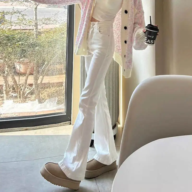 

American Sle High Waist Slim Fit Stretchy Denim Pants Flared Straight Leg Large Size Women's Faion Long Trousers