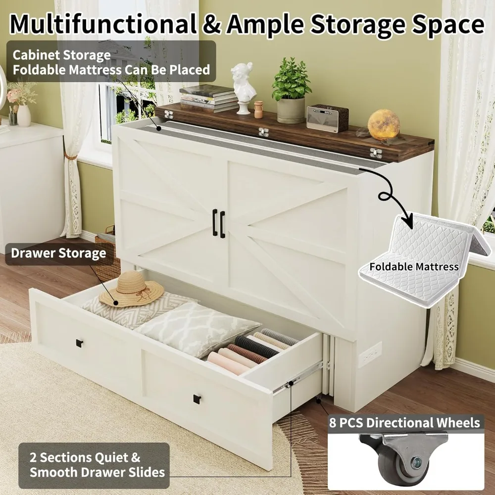سرير ميرفي مع قاعدة شحن، سرير خزانة بحجم كوين مع درج تخزين كبير للمكتب المنزلي أو الغرفة الصغيرة، مخبأ #4