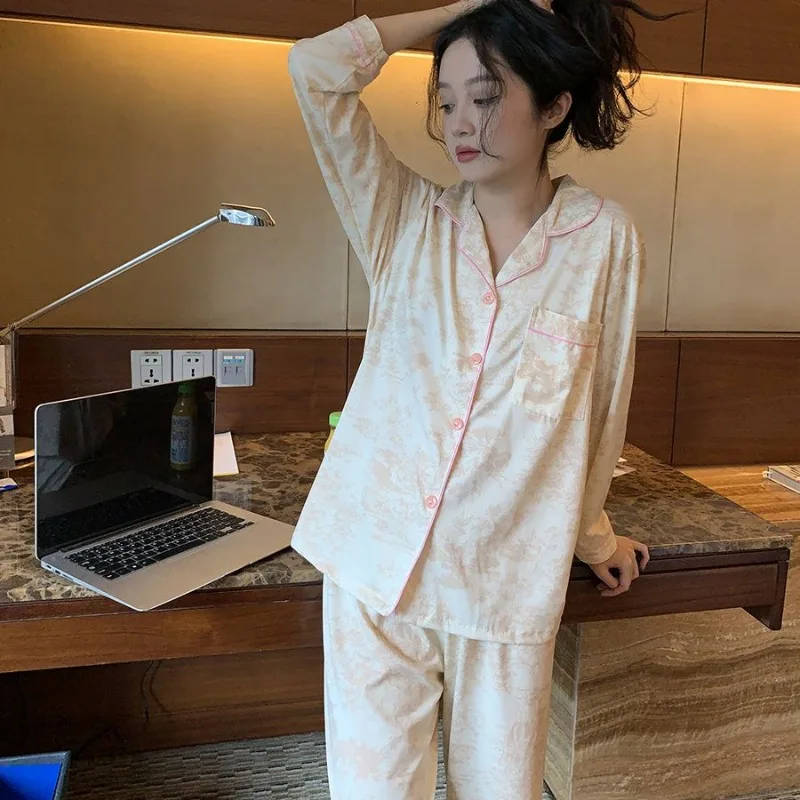 2024 New Spring Summer Long-sleeved Sleepwear Satin Flour Buckle Printing Pajamas V-neck Loose Homewear Sweet Loungewear Suit