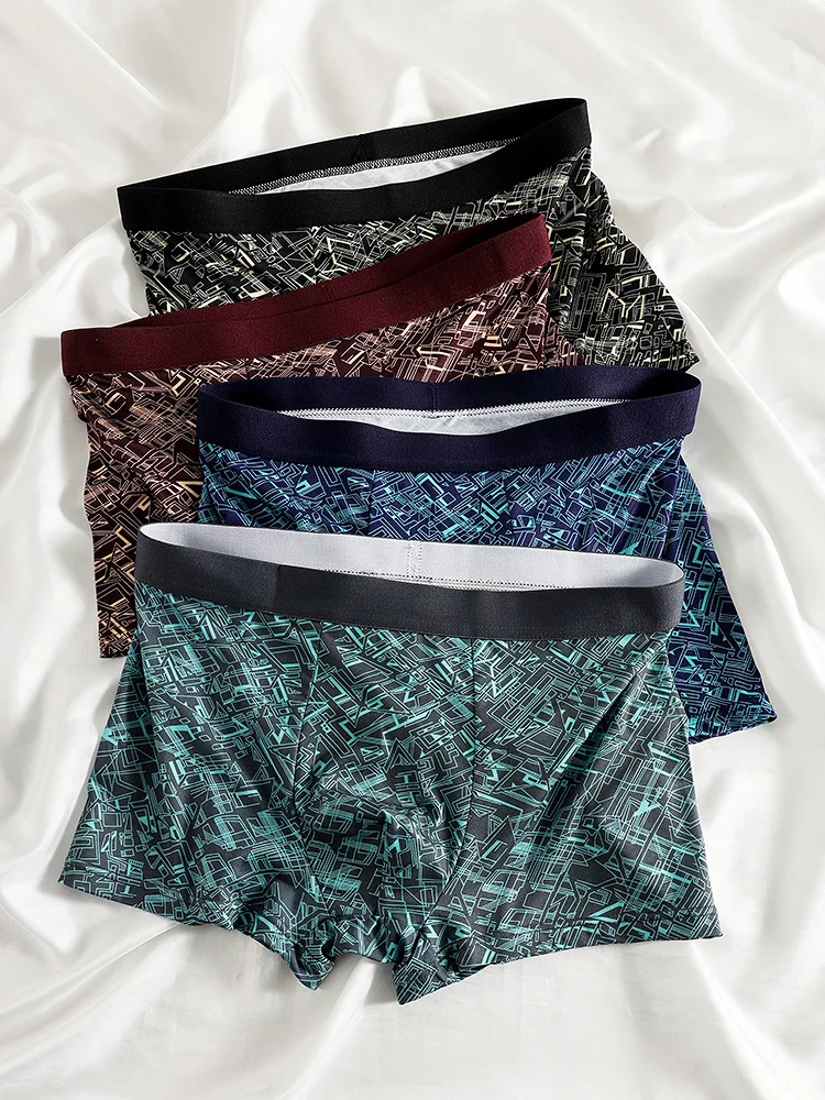 

4-Pack Men's Milk Silk Boxers - Geometric Print, Breathable, Smooth, Trendy