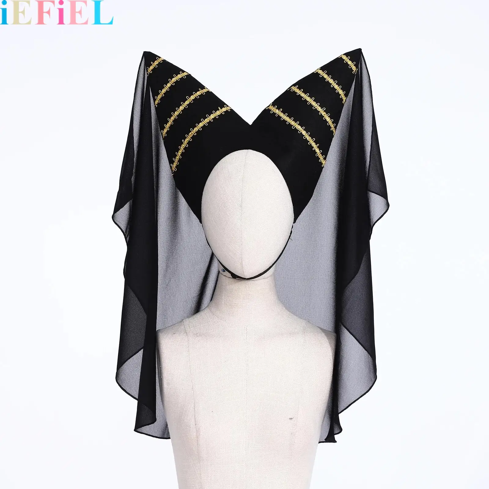 

Gold Braided Tape Hat Medieval Bicorn Hat with Veil Adorned for Women 15th Century Headdress Renaissance Cosplay Accessory