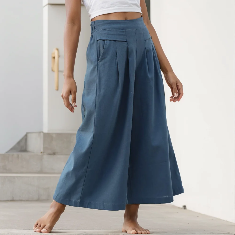 

Summer Pants for Women Cotton Linen Large Size Wide Leg Pants Femme Arts Style Elastic Waist Solid Casual Loose Pantalon