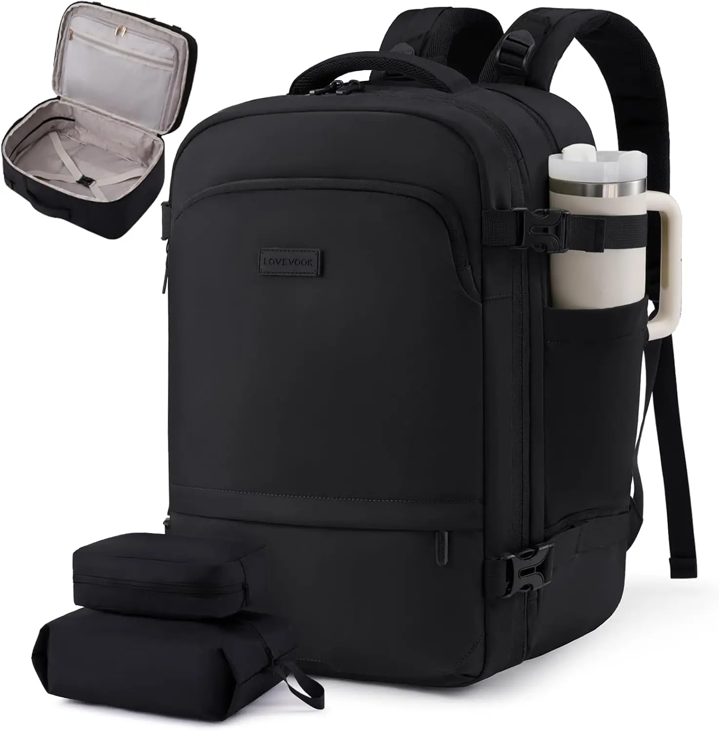 

Travel Backpack for Women & Men, Carry On with Cup Holder, Flight Approved Personal Item with Laptop Compartment, 18 Inch Black