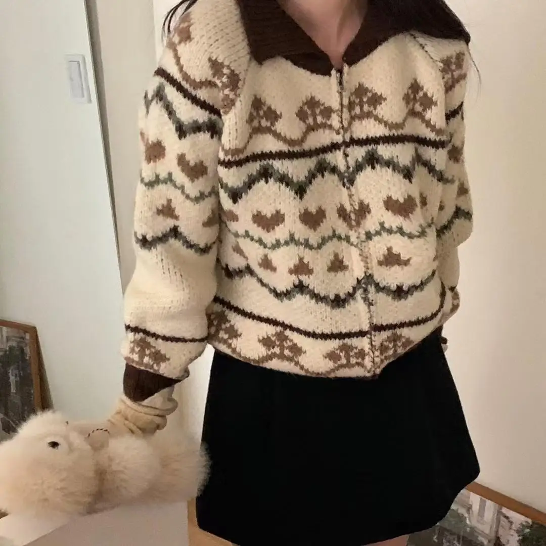 

Design Sense Vintage Jacquard Zipper Sweater Cardigan Jacket Women's 2026 High Street Trend