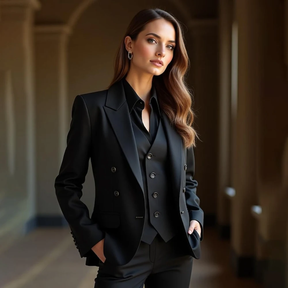

Formal Black Women's Suits 3 Piece Jacket Pants Vest Sets Luxury Slim Fit Office Work Outwear Customzied Clothing Blazer