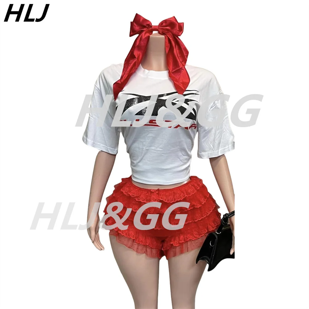 HLJ Trend FashionY2K Print Lace Ruffle Skirts Two Piece Sets Women Round Neck Loose Tshirt And Skirts Shorts Outfits Streetwear