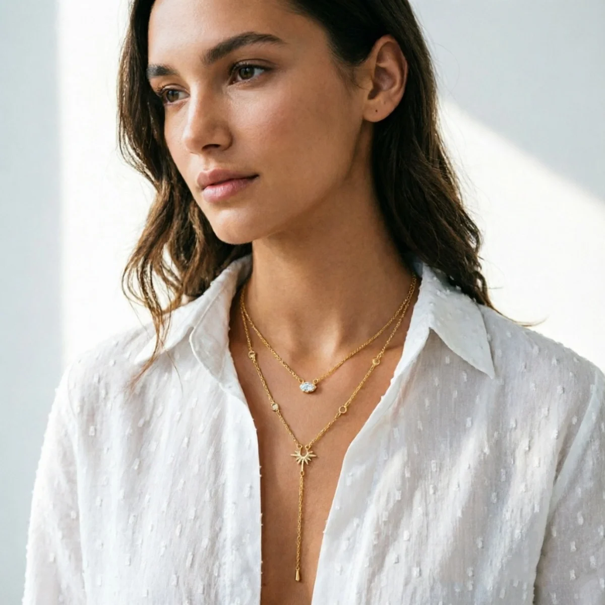 Doppelschichtige Strass-Geometrische Sonnenanhänger-Halskette in Y-Form für Frauen, Eleganter Rhombischer Sonnenblumen-Choker, Partyschmuck – Detail 18