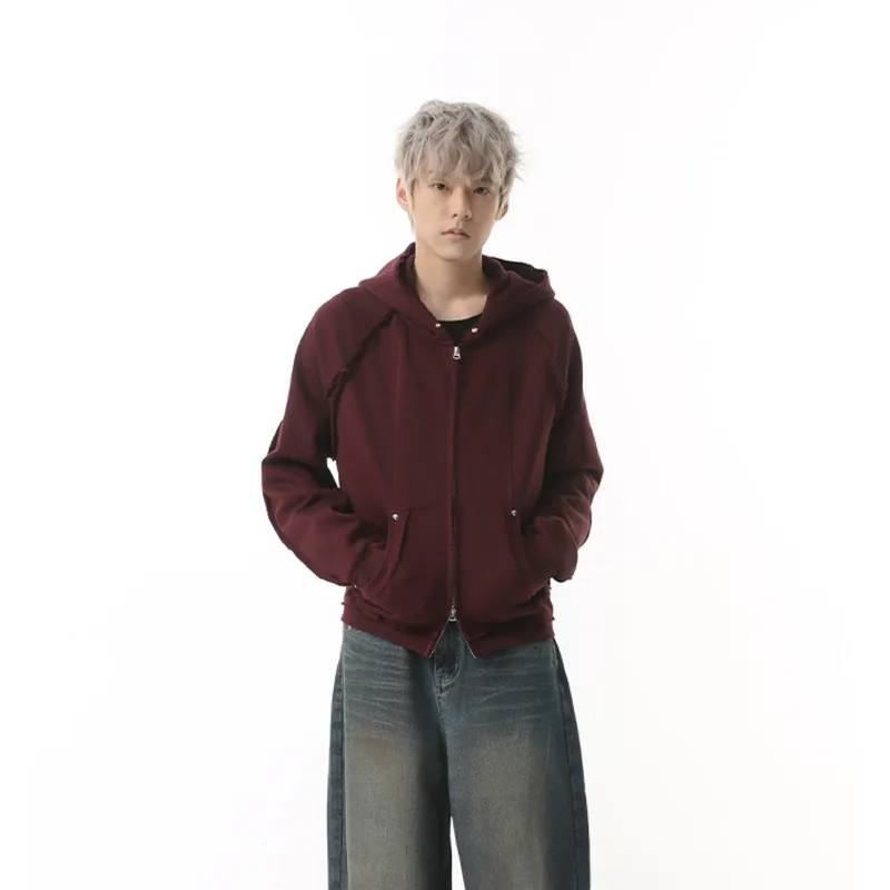

SYUHGFA 2025 Spring Simple Men's Hoodies Solid Color Big Pocket Hooded Korean Style Double-ended Zipper Loose Male Sweatshirts