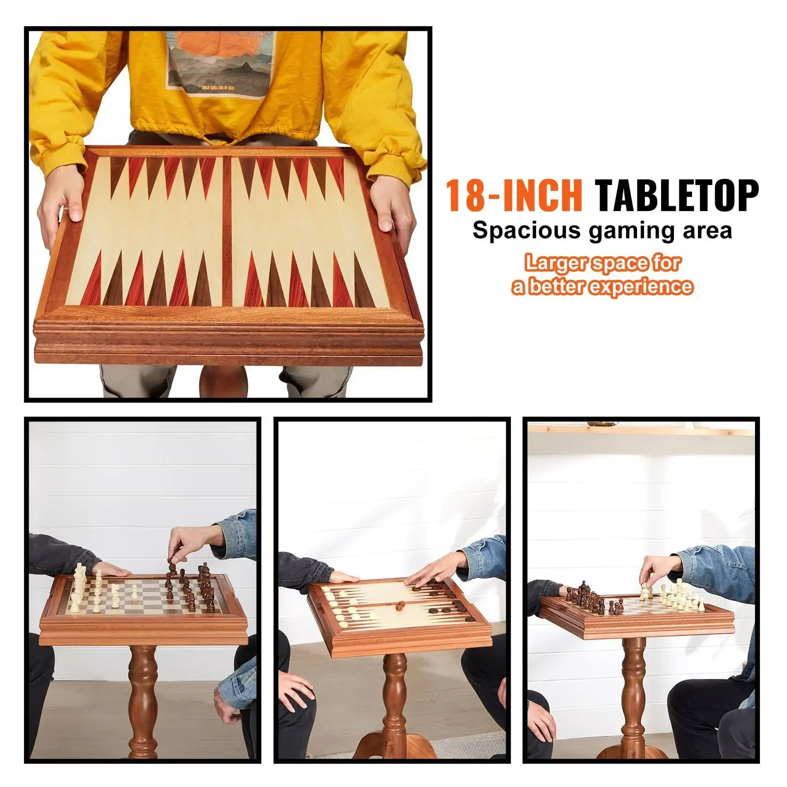 Conjunto de mesa de gamão de damas de xadrez 3 em 1, mesa de xadrez de madeira premium de 18 polegadas, conjunto de móveis de mesa de jogo combinado de luxo