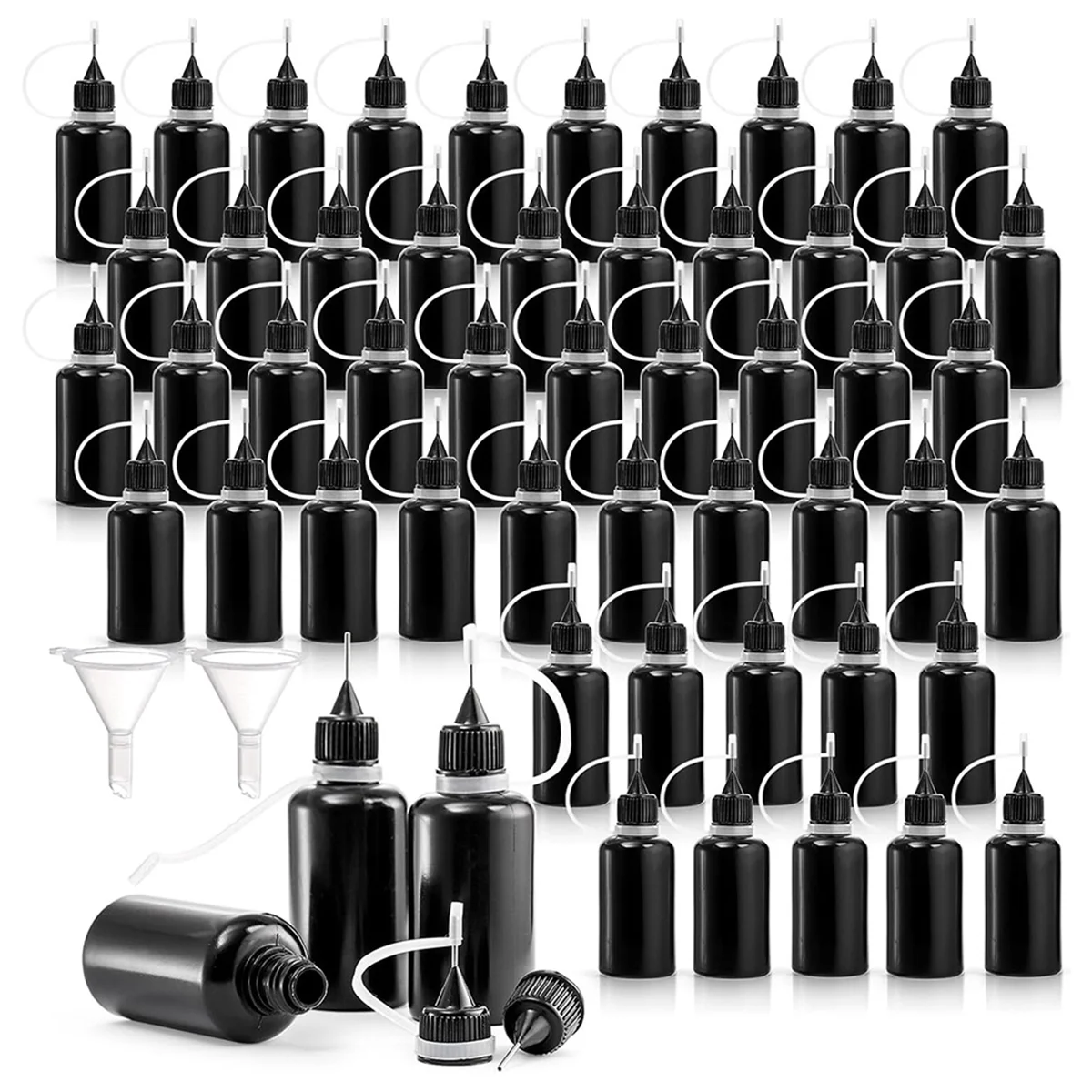 

50 Pack Black Precision Tip Applicator Bottles with 2 Funnels, 1 Oz / 30ml Needle Tip Glue Bottles, Small Squeeze Bottle