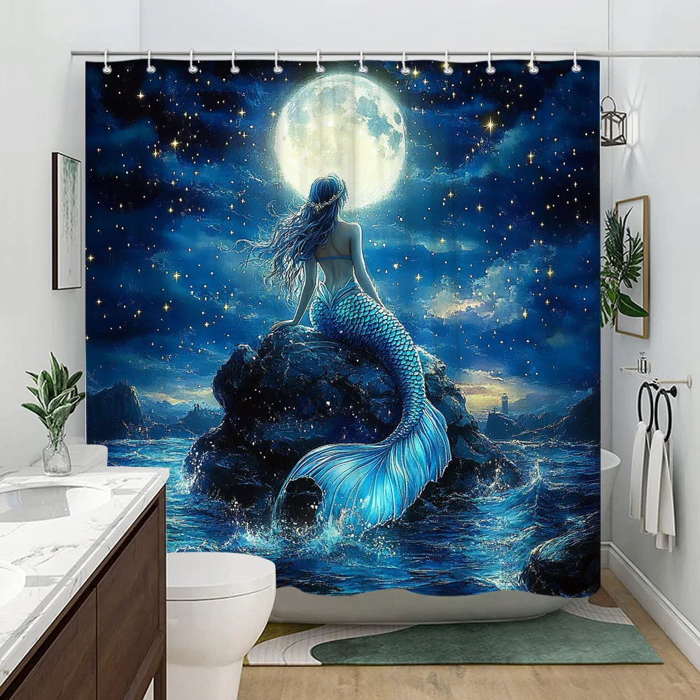 

Blue Mermaid Shower Curtain with Full Moon and Stars 3D Artistic Design Waterproof Bath Decor Magical Fantasy Bathroom Curtains