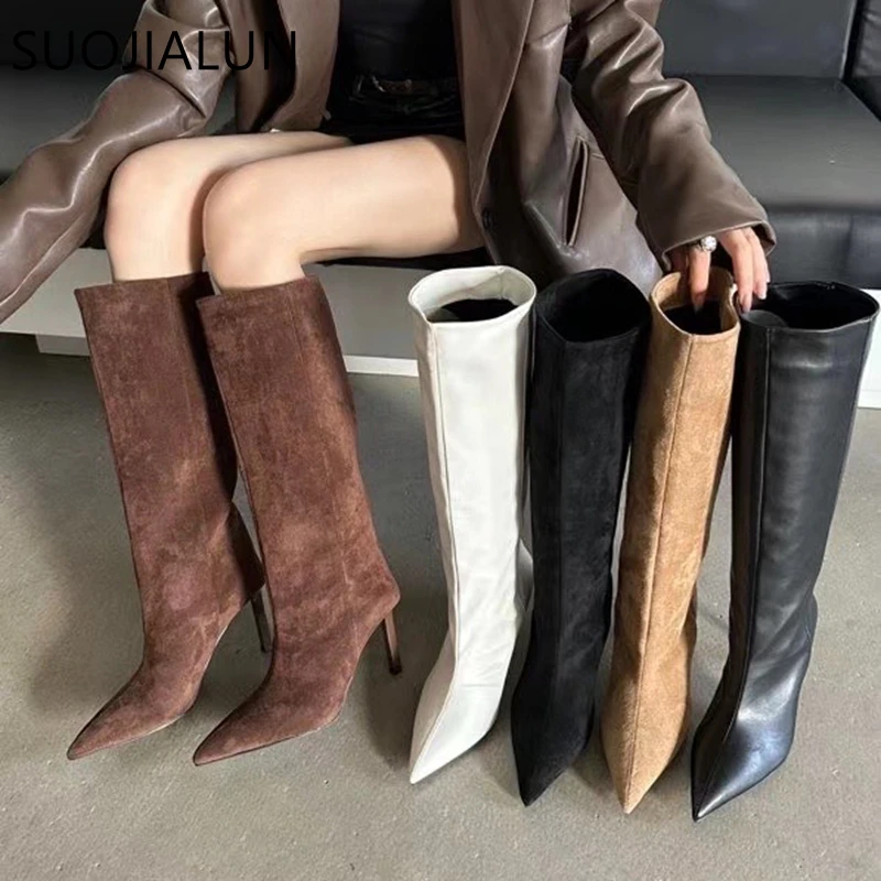 SUOJIALUN Brand Women Long Boots Fashion Pointed Toe Slip On Ladies Elegant Knee-high Boots Thin High heel Outdoor Dress Pumps