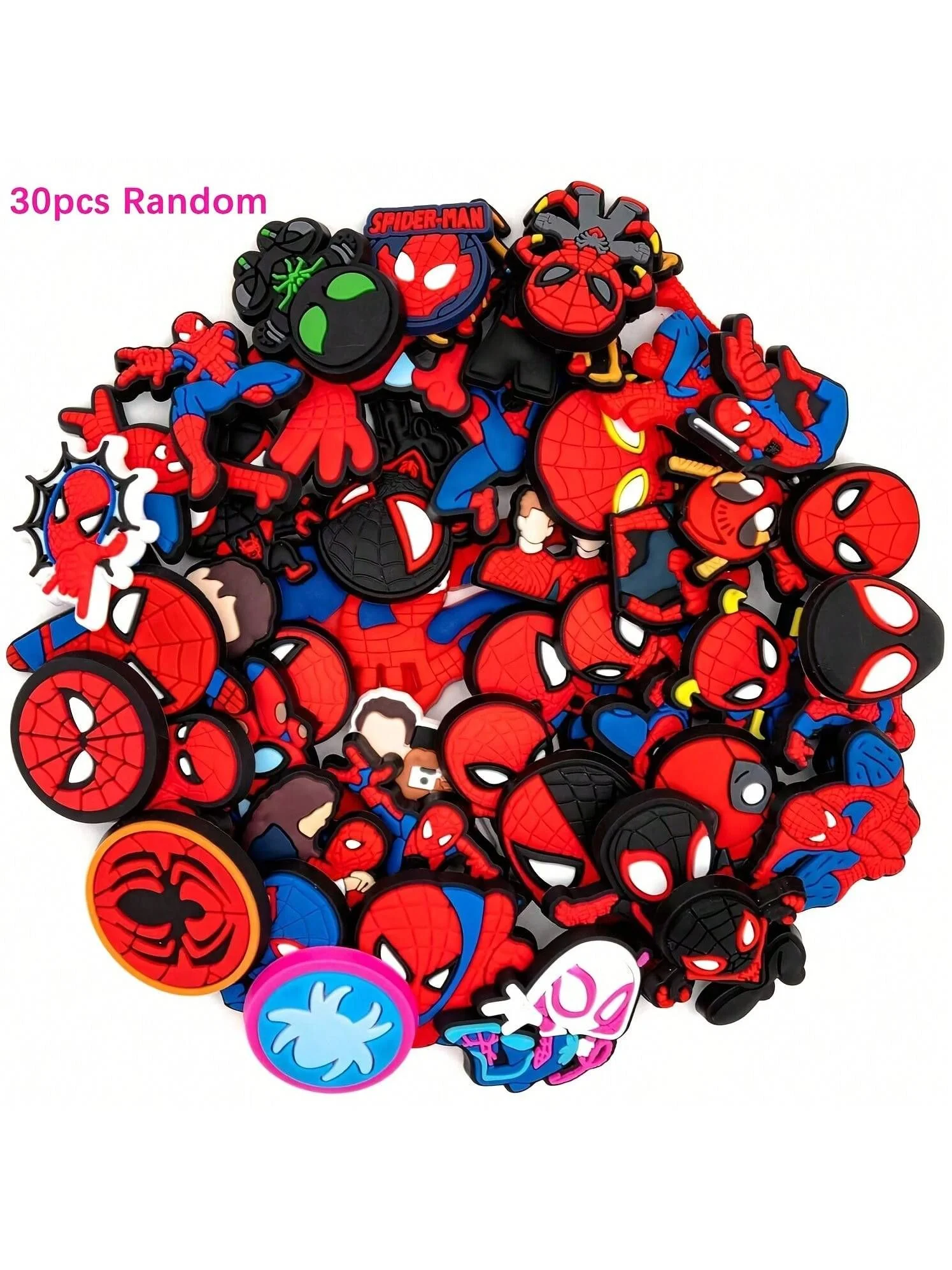 16/30/50pcs Mesuca Little Spider Shoe Charms Set - Officially Licensed Spider-Verse Supes Shoe Decorations with Supes, Miles Morales & More - PVC Collectible Gift for Boys, Girls, Birthday, Christmas, Valentine's Day, Halloween Party Favors - Theme