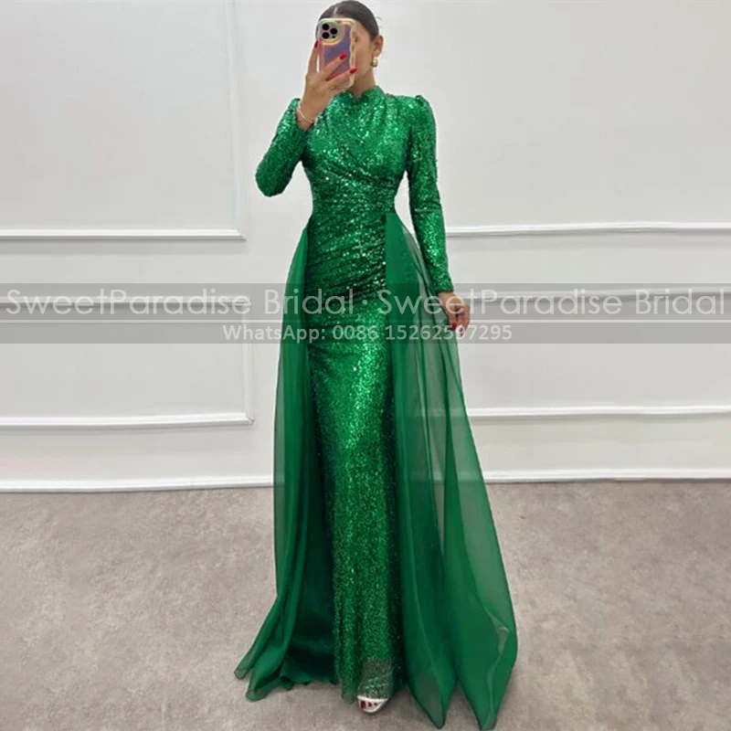 Green Sequins Long Sleeves Mother of the Bride Dresses High Neck Pleat Mermaid Overskirt High Neck Evening Dress Party For Women