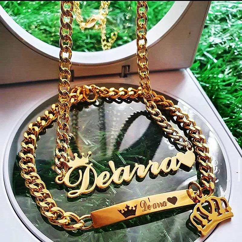 Custom Crown Heart Name Necklace Bracelet Women Children Jewelry Set Stainles Steel Gold Color Nameplate Accessories Best Gifts