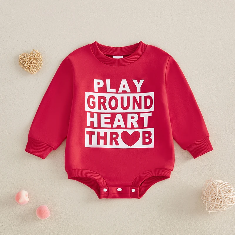 

Baby Boy Girl Sweatshirt Rompers for Valentine's Day Letter Heart Print Long Sleeve Round Neck Bubble Jumpsuit 0-18Months