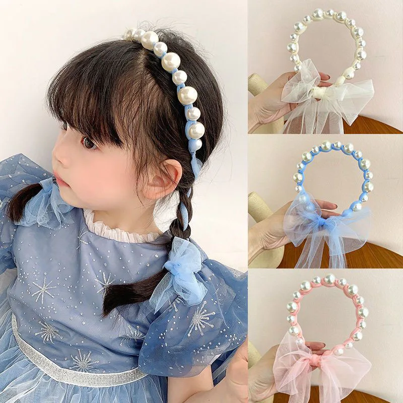 Cute Kids Pearl Ribbon Head Hoops Korean Sweet Mesh Bow Princess Girl Headwear Kids Hairbands Fairy Hair Accessory