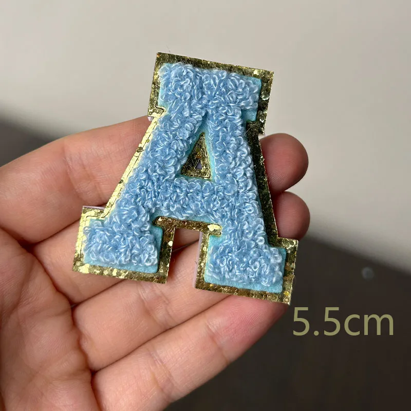 1Pc 5.5cm Light blue letter Thickening Chenille Patches Stick on Appliques For DIY Summer Style t-shit Clothings