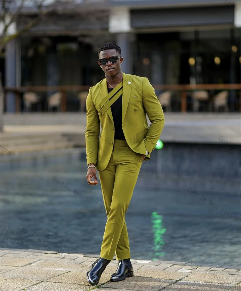 

Green Men Suit Set 2 Pcs Blazer+Pants Trousers Fashion Autumn Wedding Tuxedo Formal Business Office Jacket Prom Coat Customized