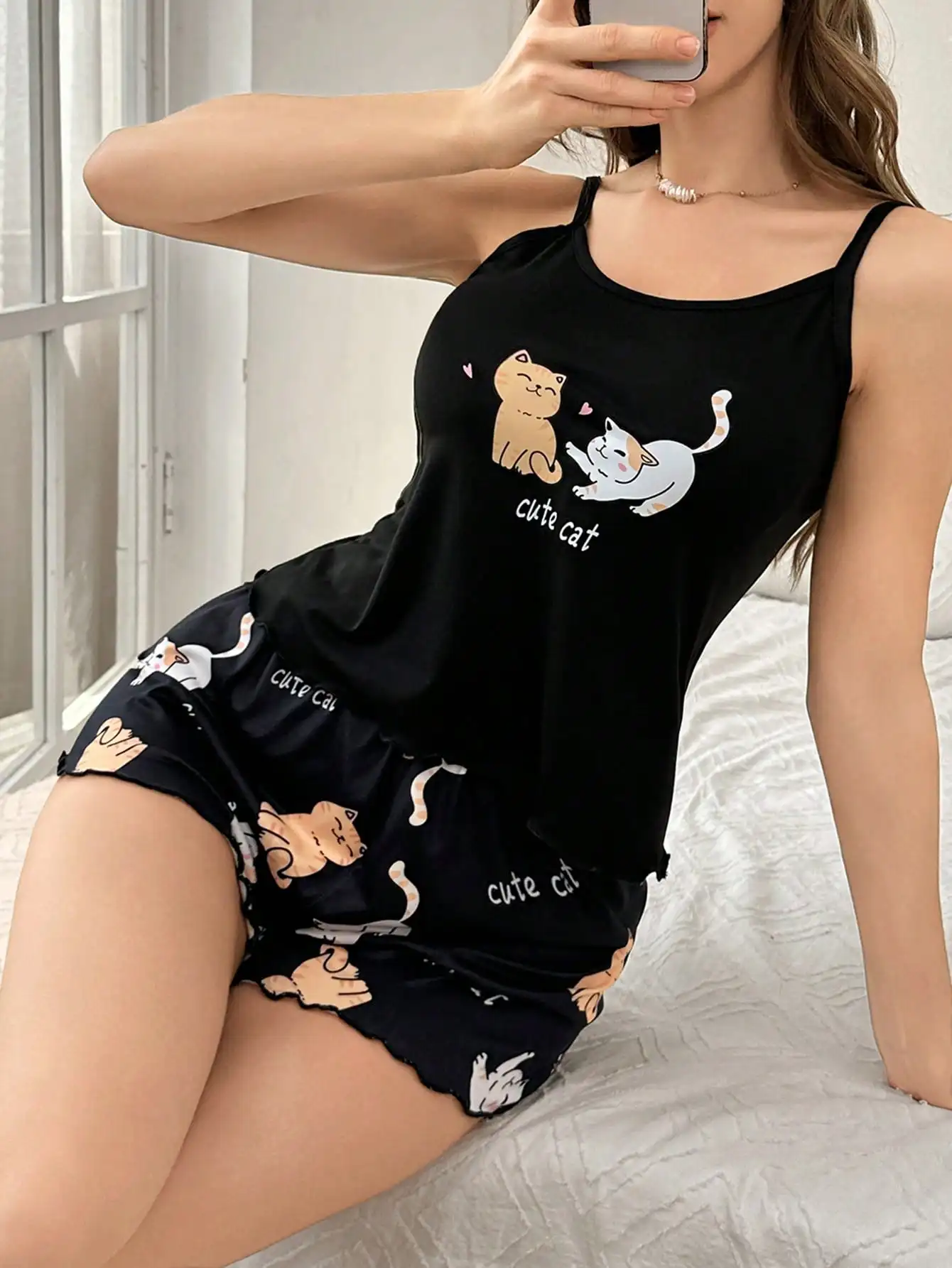 

Black Cat Print Ruffled Strap Shorts Pajama Set for Women