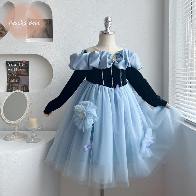 

Elegant Baby Girl Princess 3D Flower Buffterfly Tutu Dress Infant Toddler Child Velvet Vestido Birthday Party Baby Clothes 3-12Y