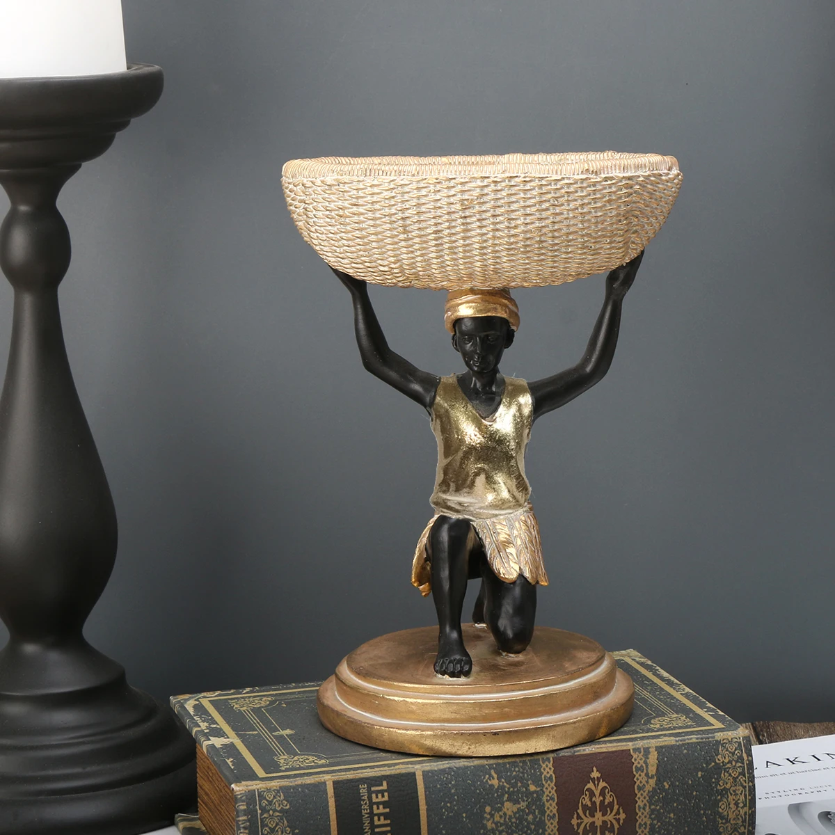 1pc African Man Statue Tray - Tribal Decor, Resin Storage Basket, Home Organizer