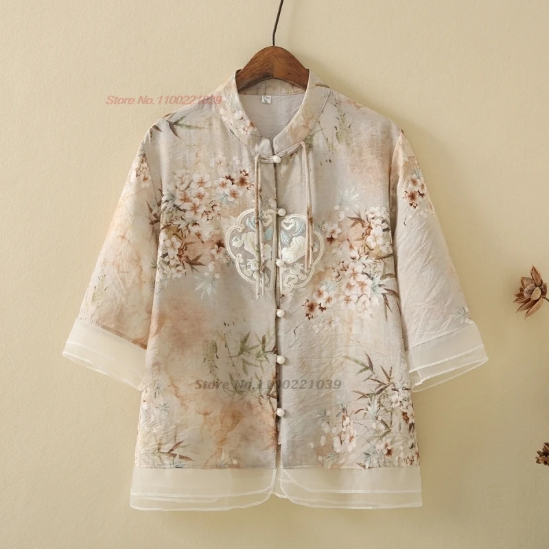 2024 traditional chinese vintage blouse national flower print embroidery lace chiffon jacket oriental folk sun-protective coat