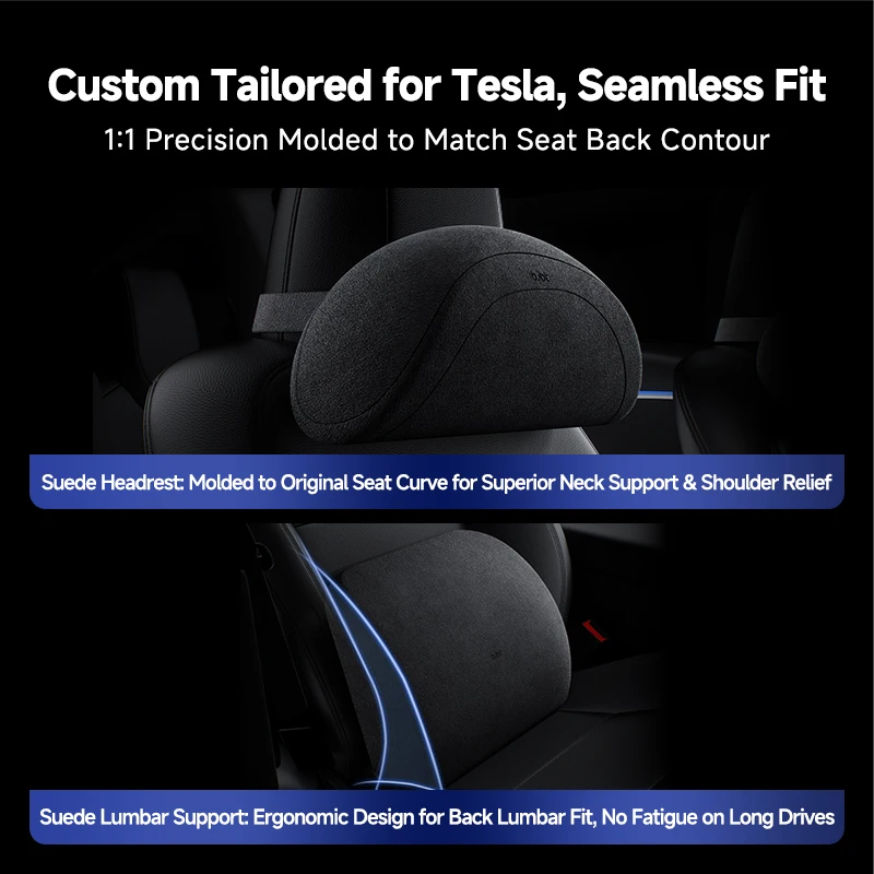 BJBT Seat Headrest Travel Rest Suede Neck Pillow For Tesla Model 3/Y/X/S Cushion Lumbar Memory Foam Pillows Car Accessories view 3