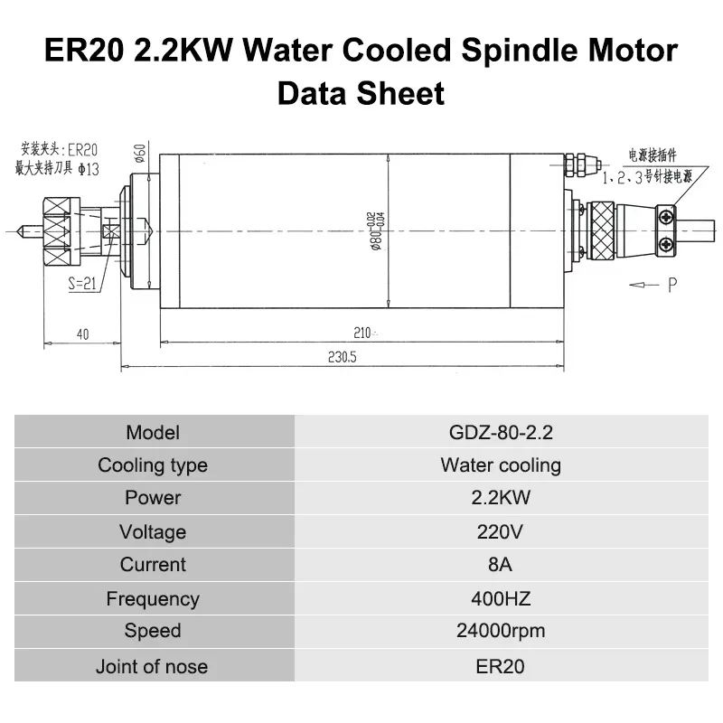 ER20 24000rpm GDZ80-2.2 Water Cooling Spindle Motor 2.2kw Milling Water Cooled with Core Bearing Component