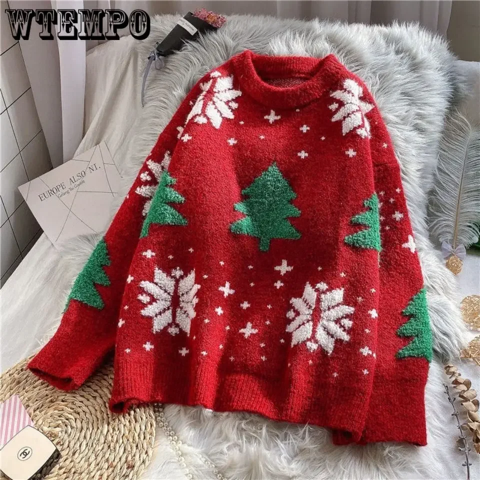 WTEMPO Autumn Winter Christmas Knitted Spliced Vintage Sweaters Korean Loose Round Neck Fashion Long Sleeve Pullover Jumpers