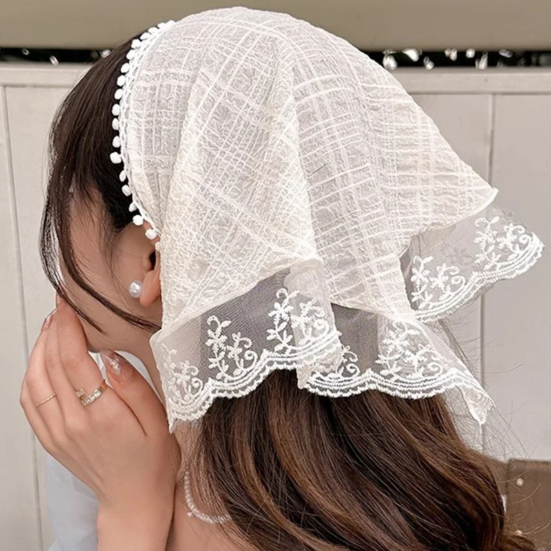 New White Or Pink Woven Floral Lace Hair Scarf Wraps Women Retro Triangle Headscarf Hat Travel Photo Headband Hair Accessories