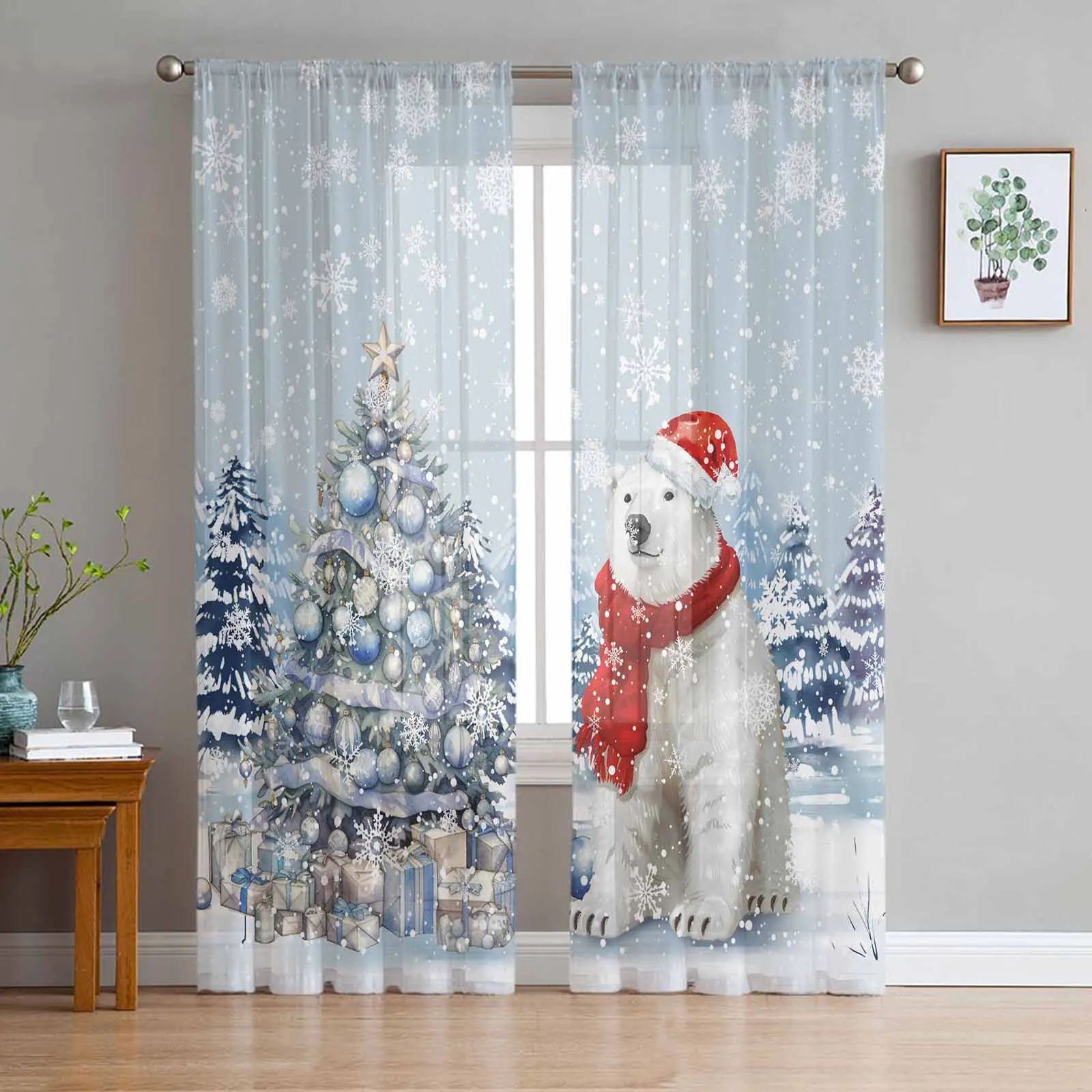 

Christmas Snowflakes Retro Koala Sheer Curtains Modern Gauze Curtain for Living Room Bedroom Voile Yarn Curtains