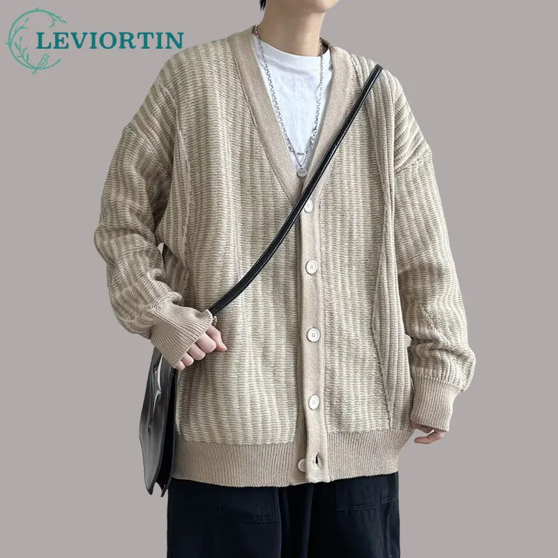 

Korean Striped Blocked V-neck Knitted Cardigan Sweater Men Y2K Streetwear Clothes Long Sleeve Loose Jumpers Jacket Coat Autumn