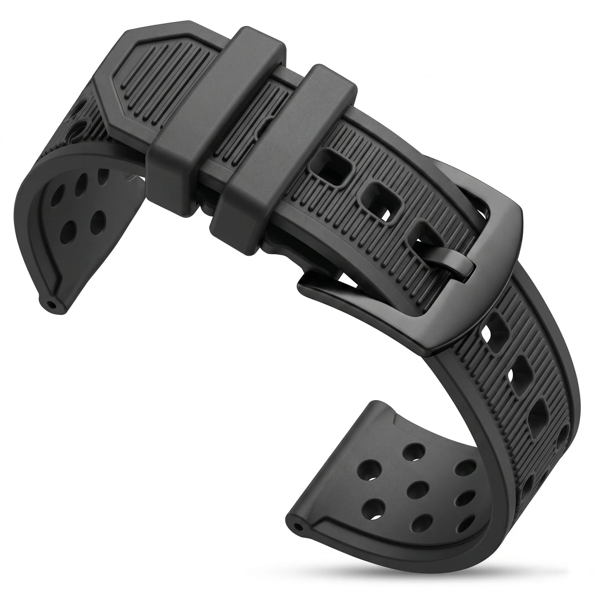 Soft Silicone Rubber Watchband 22mm Black Waterproof Breathable Sports Watch Strap Steel Buckle Replacement Accessories