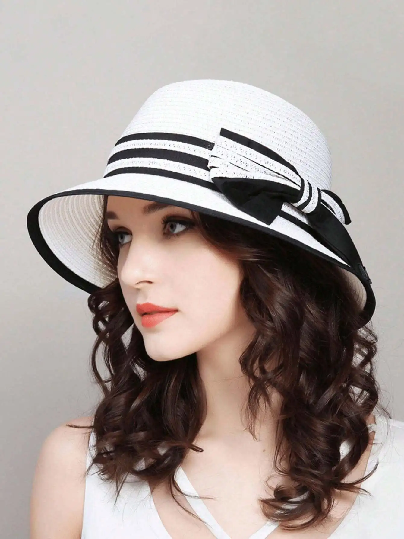 

1pc Women Bow Decor Sun Protection Fashionable Straw Hat For Summer Elegant Valentine's Day