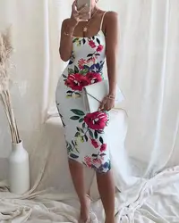 Women Long Slim Sleeveless Sexy High Waist Evening Floral Print Bodycon Cami Dress Party Knee Length Dress