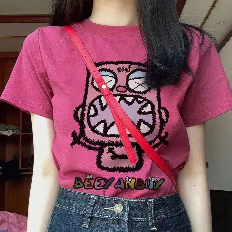 

High Quali Pitaya oulder Women's T-irt ort Sve round Ne Cotton 00% Commute Sle Cartoon Print