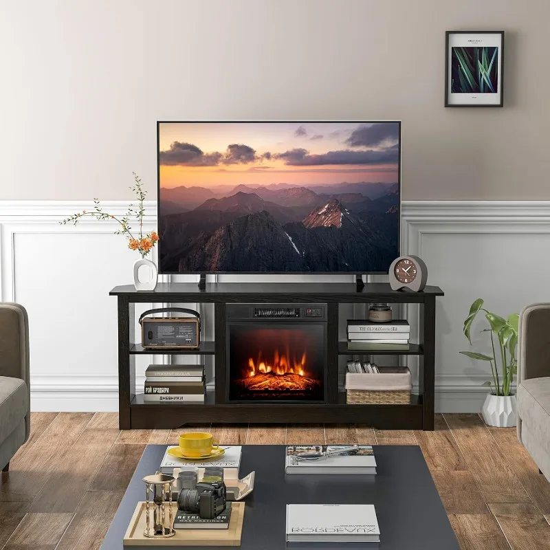 58” Fireplace TV Stand, Home Entertainment Center with 18” 1400W Electric Fireplace, with Remote & Adjustable Brightness