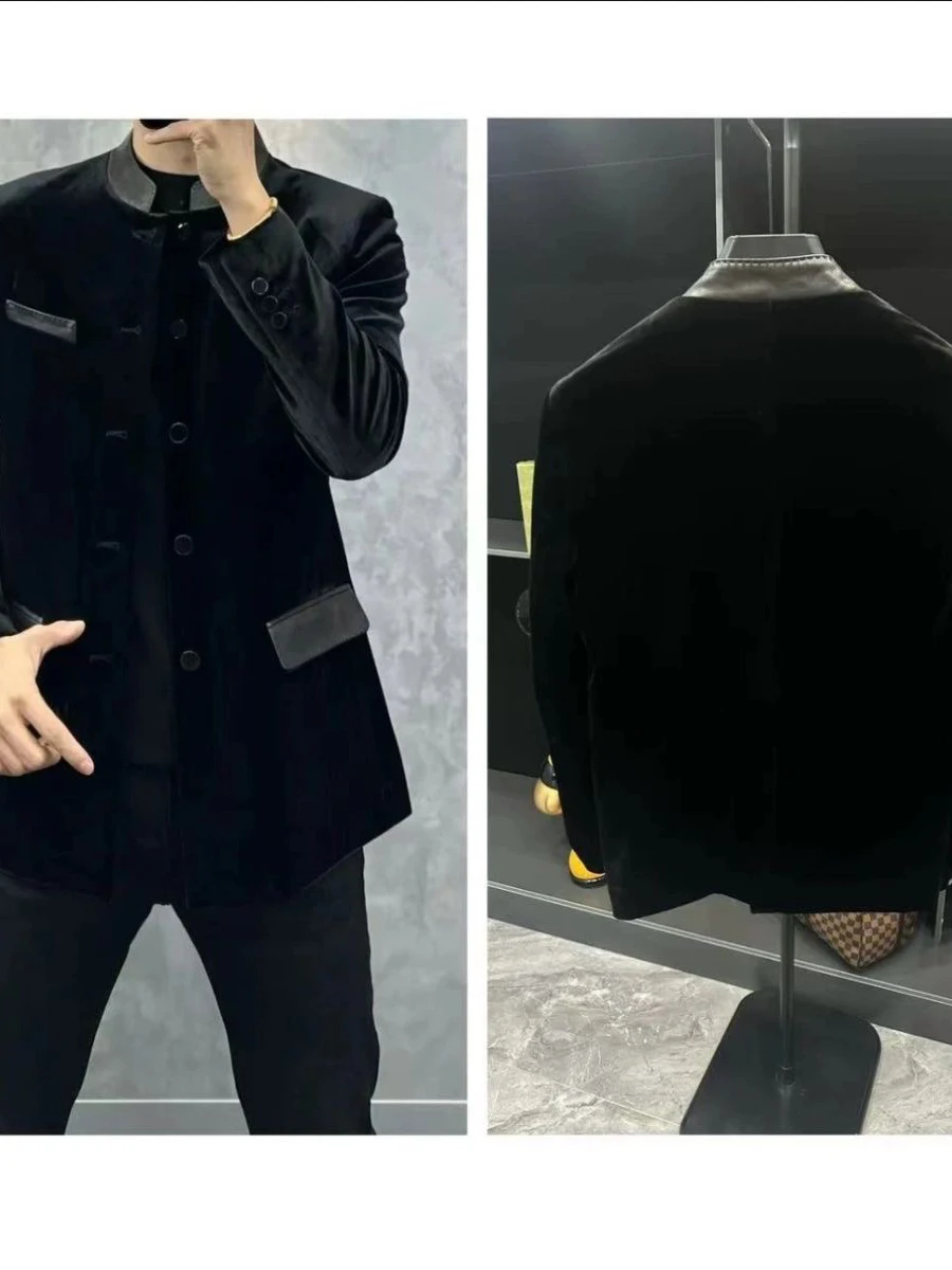 

High-Quali Men's Velvet Jaet Autumn Winter Busin Casual Long Sve Stand Collar Premium Quali Coat