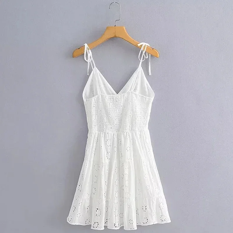 TRAF Embroidered Cutwork Dress Fashion Summer Dresses 2024 Mini White V-Neck Strappy Sleeve Slip Dress Women Elegant Party Dress