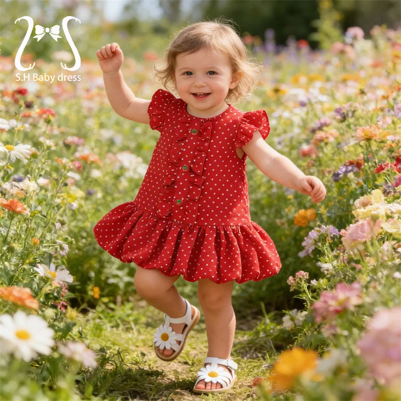 Toddler Girls Red Polka Dot Summer Dress Infants Cute Ruffle Sleeve Sundress Children Casual Outfit Kid Strawberry Buttons Wear