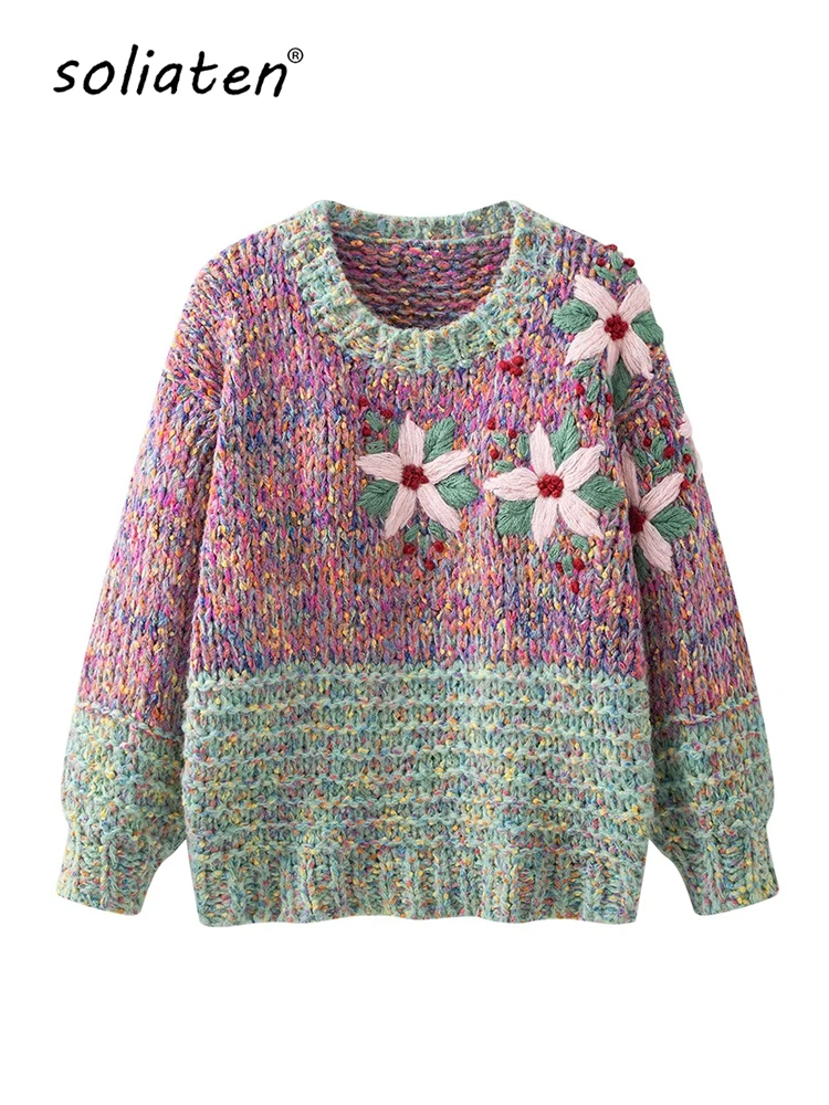 Embroidered Crochet Flower Jumper Crew Neck Lantern Sleeves Sweater Handmade Chunky Colorblocked Knit Pullover Women Outer C-034