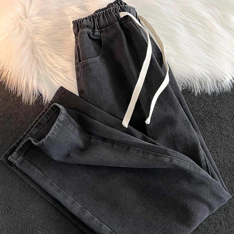 Women's Burrs Drawstring Straight Denim Pants Simple Preppy Style Elastic Waist Jeans Summer Fashion Female Trousers