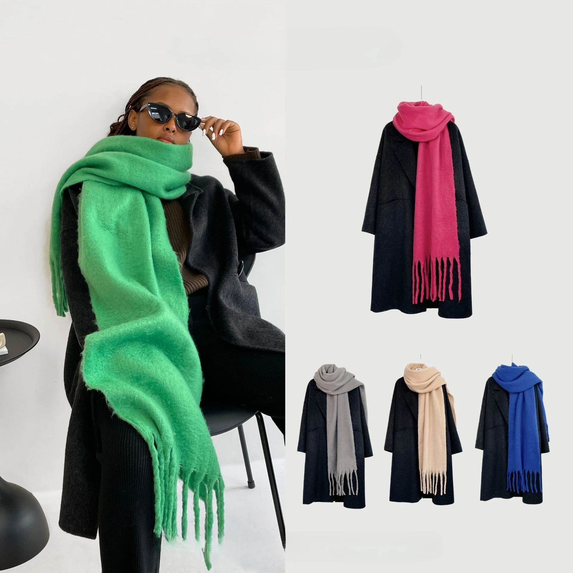 

Женский шарф из ангорской шерсти, шаль, изумрудный многосторонний стиль, универсальный утеплитель для шеи, европейский минималистичный зимний аксессуар