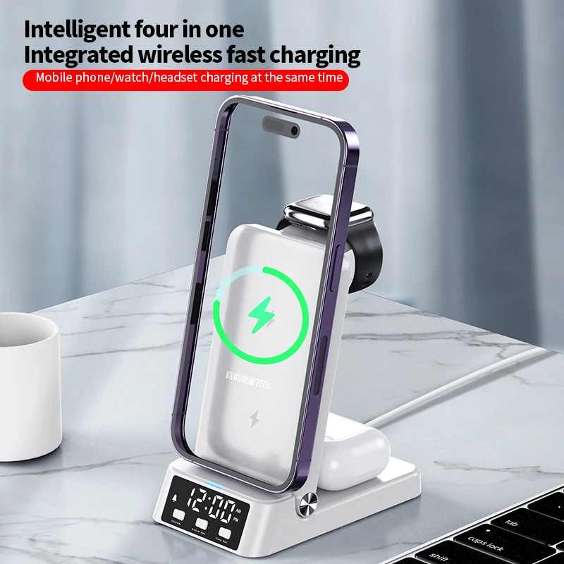 Alarm Clock 4 in 1 Protable Folding Fast Wireless Charger Pad Station For Apple iwatch For iphone 16 15 14 13 Pro Max Airpods