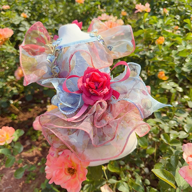 

Luxury Handmade Flower Print Fashion Pet Clothing Chihuahua Poodle Dog Dress Princess Lace Tail Gown for Small & Medium Dogs