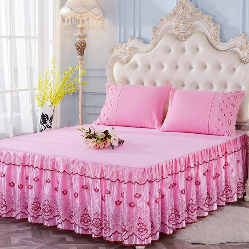 

Floral Embroidery Bed Skirt Decorative Princess Lace Bed Skirt Bedspread Bedding Mattress Cover Bedding Non-slip Bed Cover