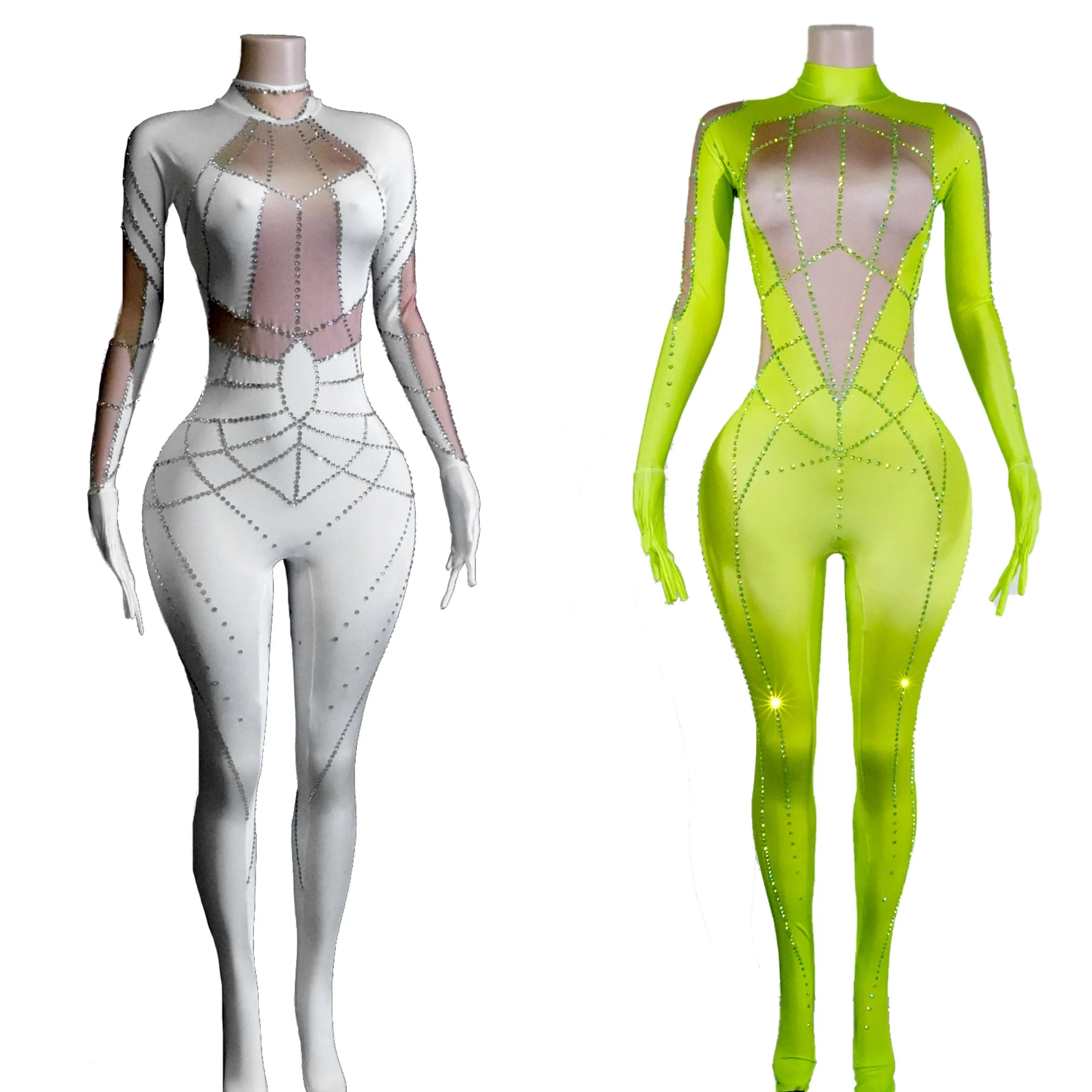 

Fashion White Green Women Jumpsuit Long Sleeve Gloves Rhinestones Sexy Club Party Wear Dance Singer Stage Performance Costumes